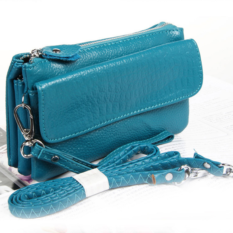 Leather Clutch Purse With Shoulder Strap And Wristlet. Fits All Smartphones-Teal