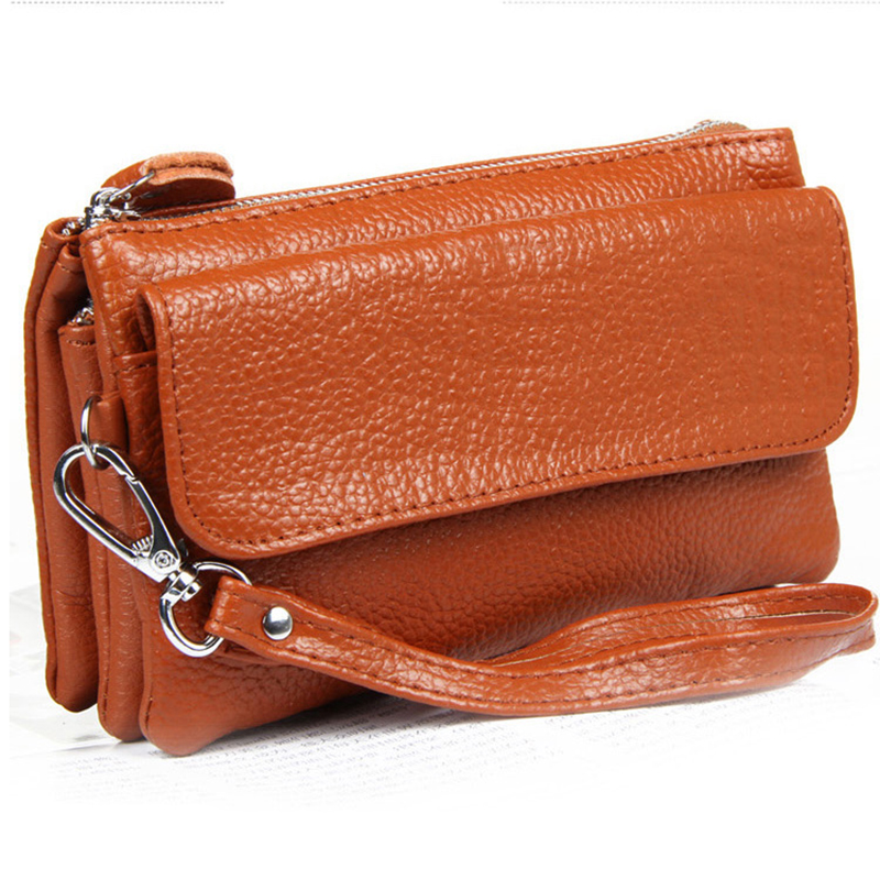 Leather Clutch Purse With Shoulder Strap And Wristlet. Fits All Smartphones-Brown